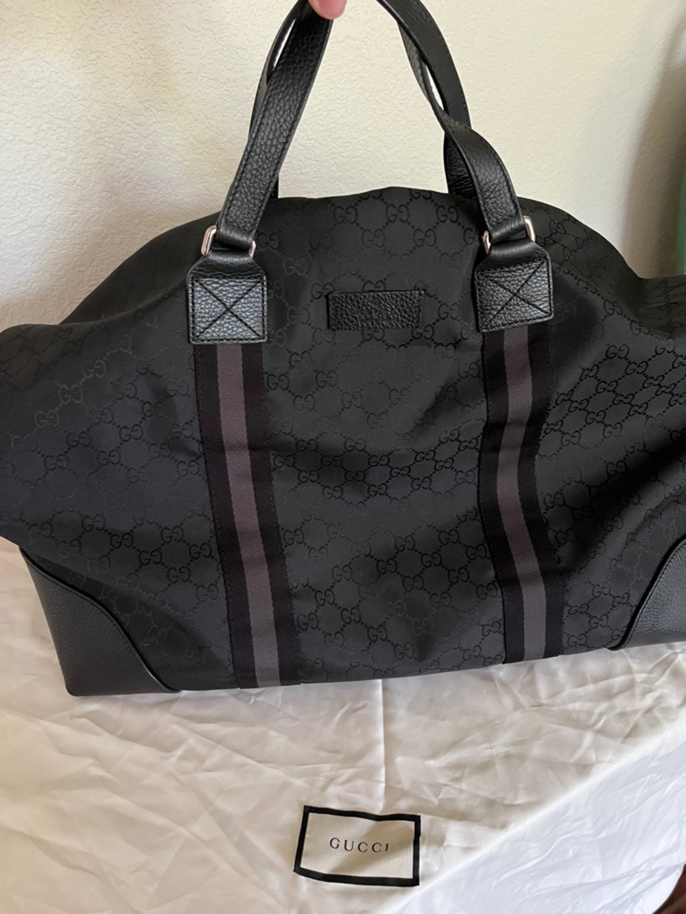 Gucci Black GG nylon Duffel with Dark Stripe Accents